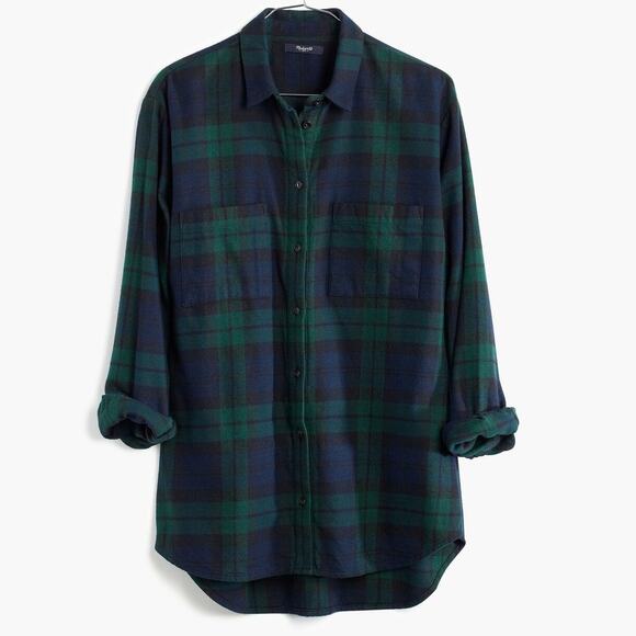 Madewell Flannel Oversized Boyshirt WMNS XS Green Plaid Button Up Long Sleeves - Picture 7 of 9